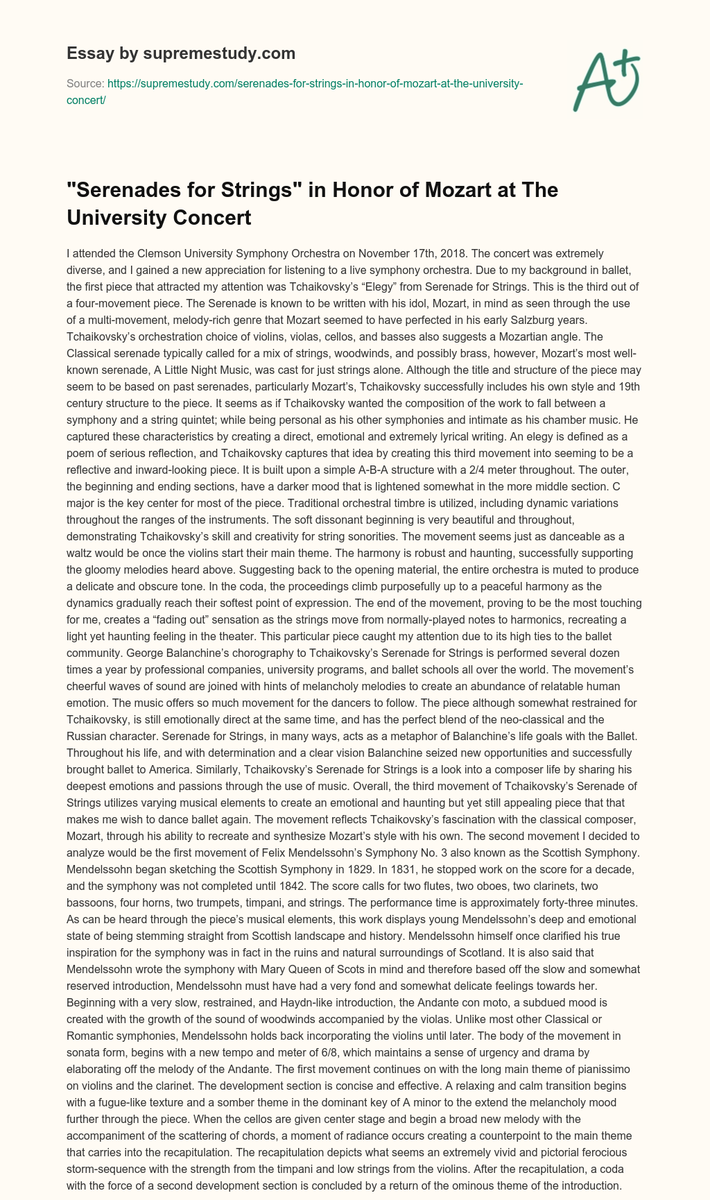 “Serenades for Strings” in Honor of Mozart at The University Concert essay