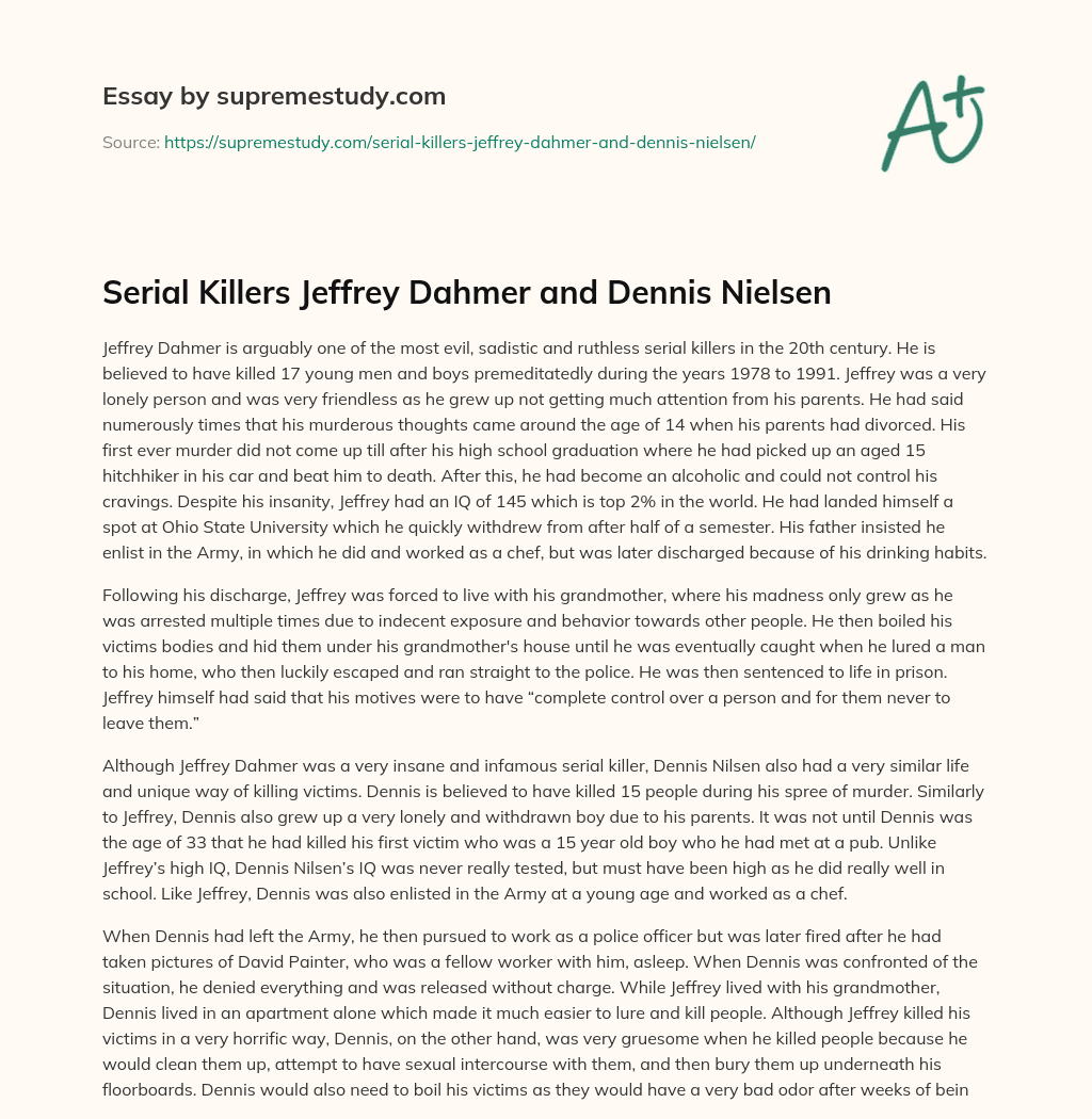 Serial Killers Jeffrey Dahmer and Dennis Nielsen essay