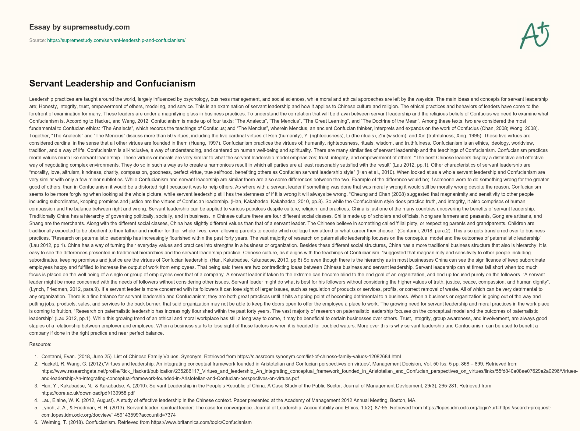 Servant Leadership and Confucianism essay