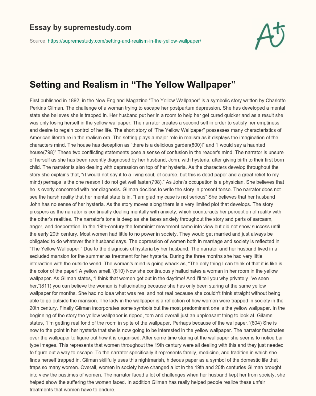 Setting and Realism in “The Yellow Wallpaper” Free Essay Example