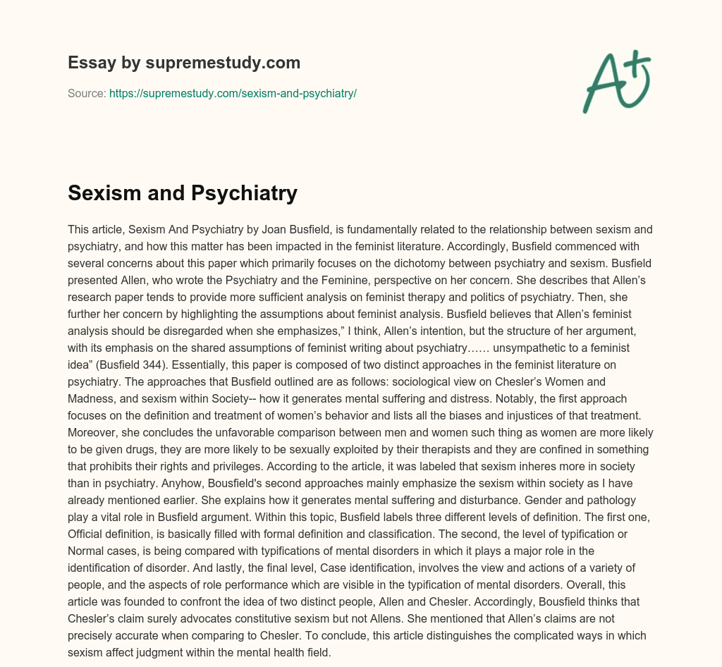 Sexism and Psychiatry essay