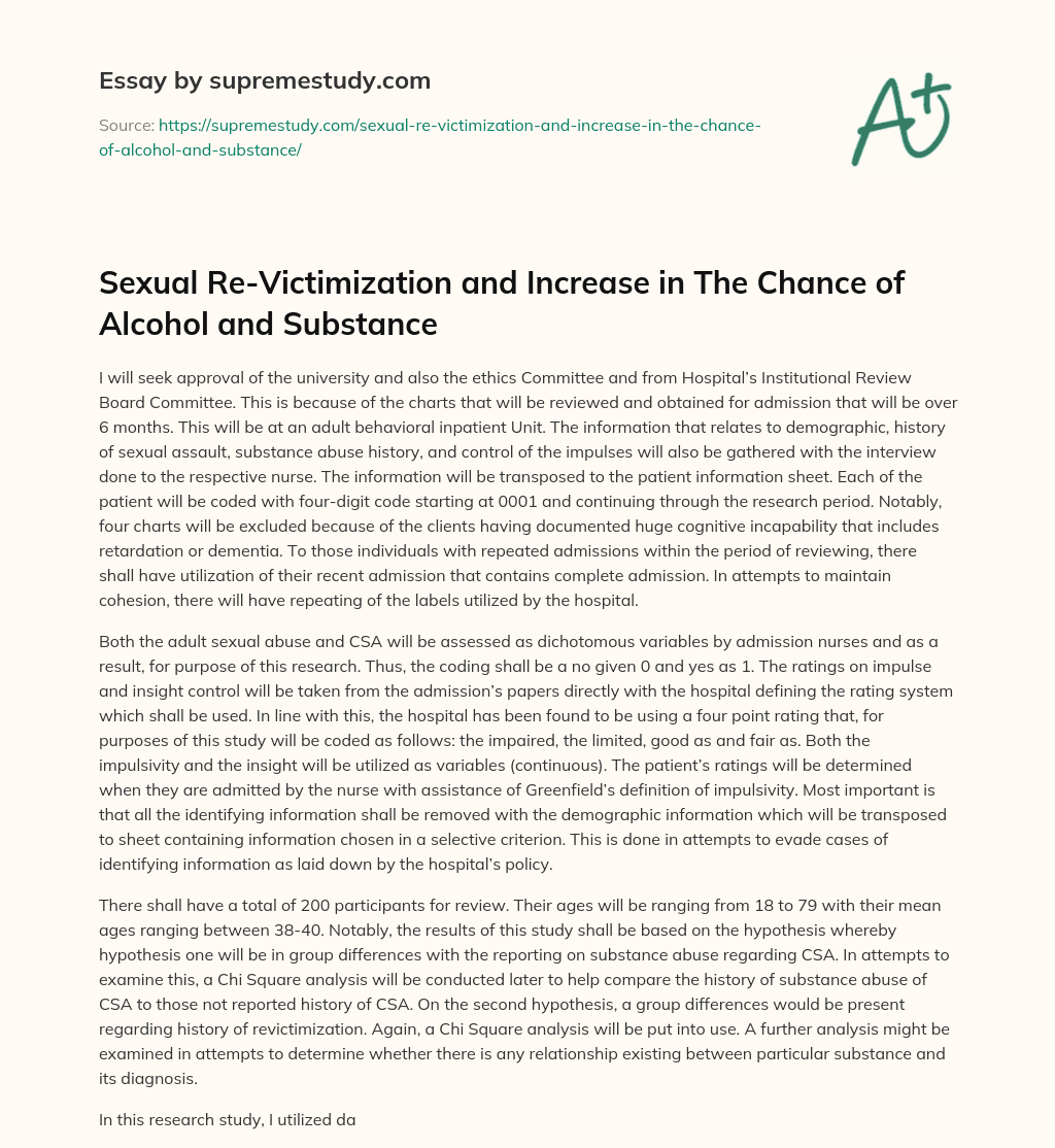 Sexual Re-Victimization and Increase in The Chance of Alcohol and Substance  essay