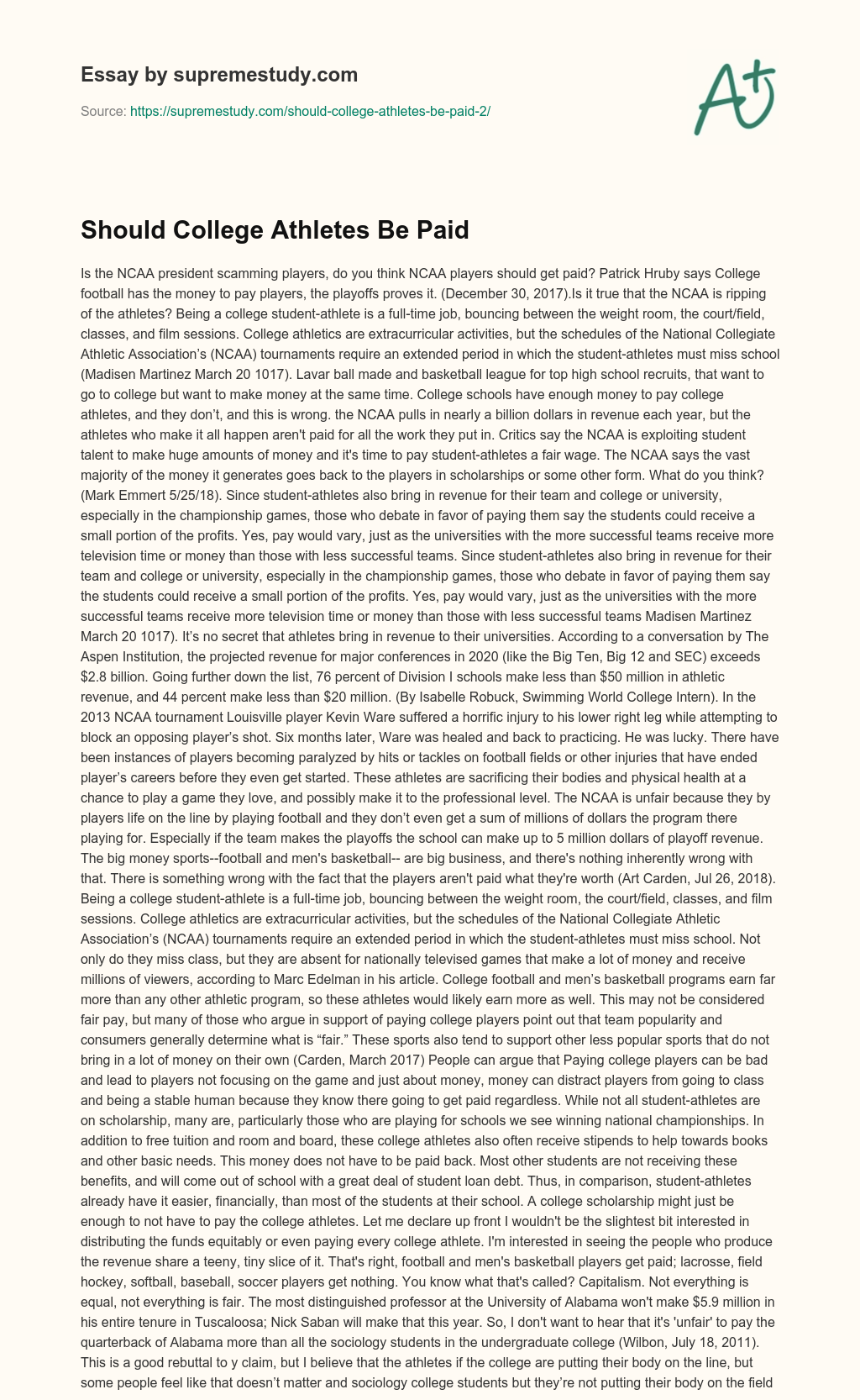 Should College Athletes Be Paid  essay