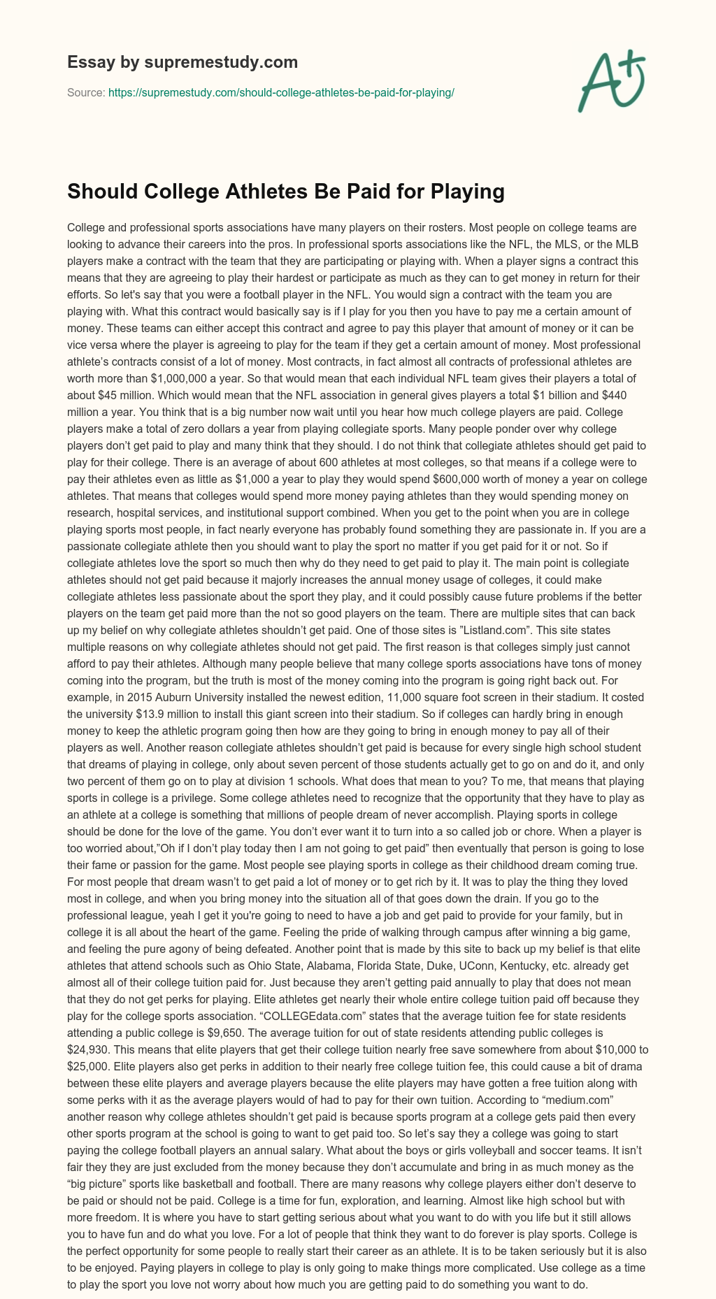 Should College Athletes Be Paid for Playing essay