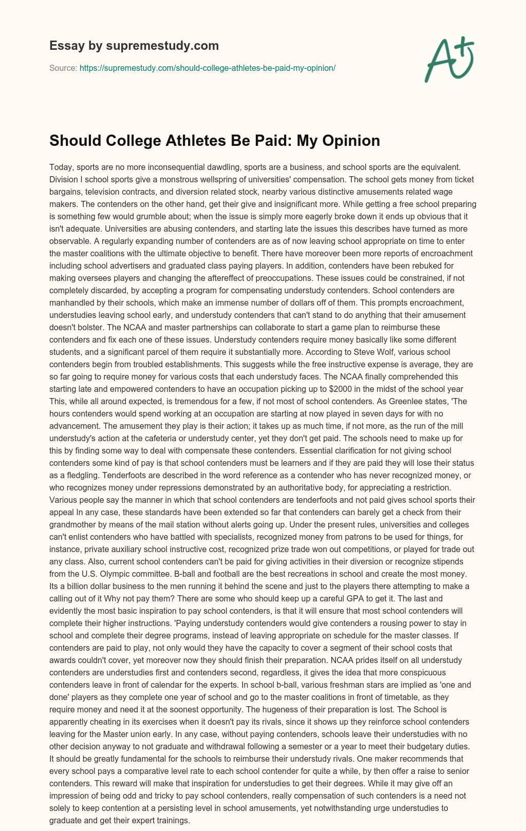 Should College Athletes Be Paid: My Opinion essay