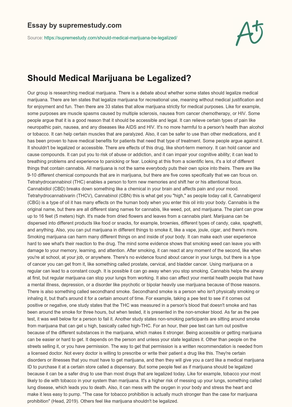 Should Medical Marijuana be Legalized? essay