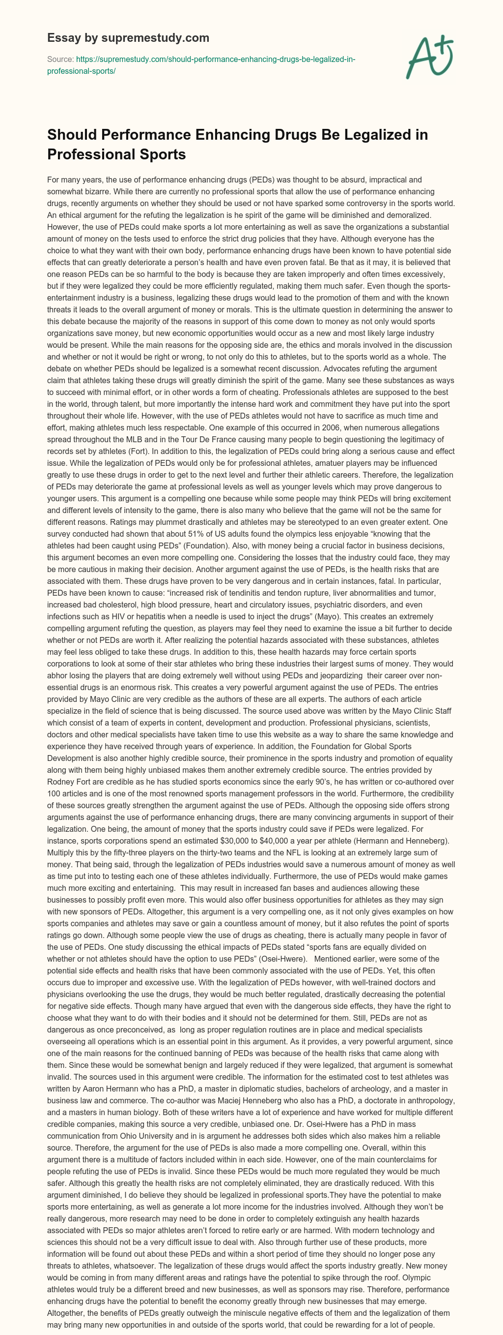 Should Performance Enhancing Drugs Be Legalized in Professional Sports essay