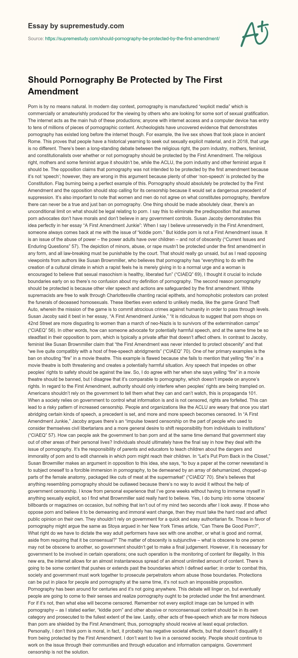 Should Pornography Be Protected by The First Amendment essay