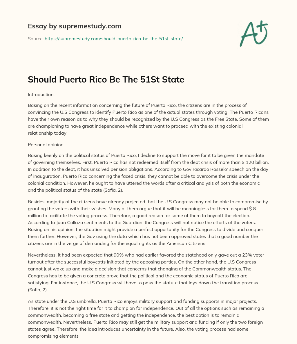 Should Puerto Rico Be The 51St State essay
