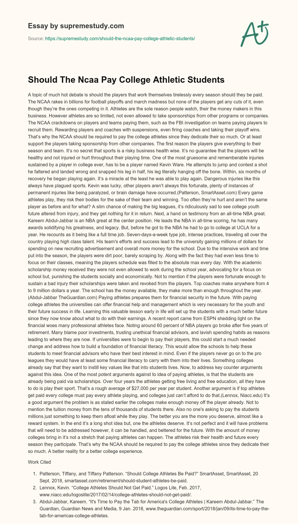Should The Ncaa Pay College Athletic Students essay