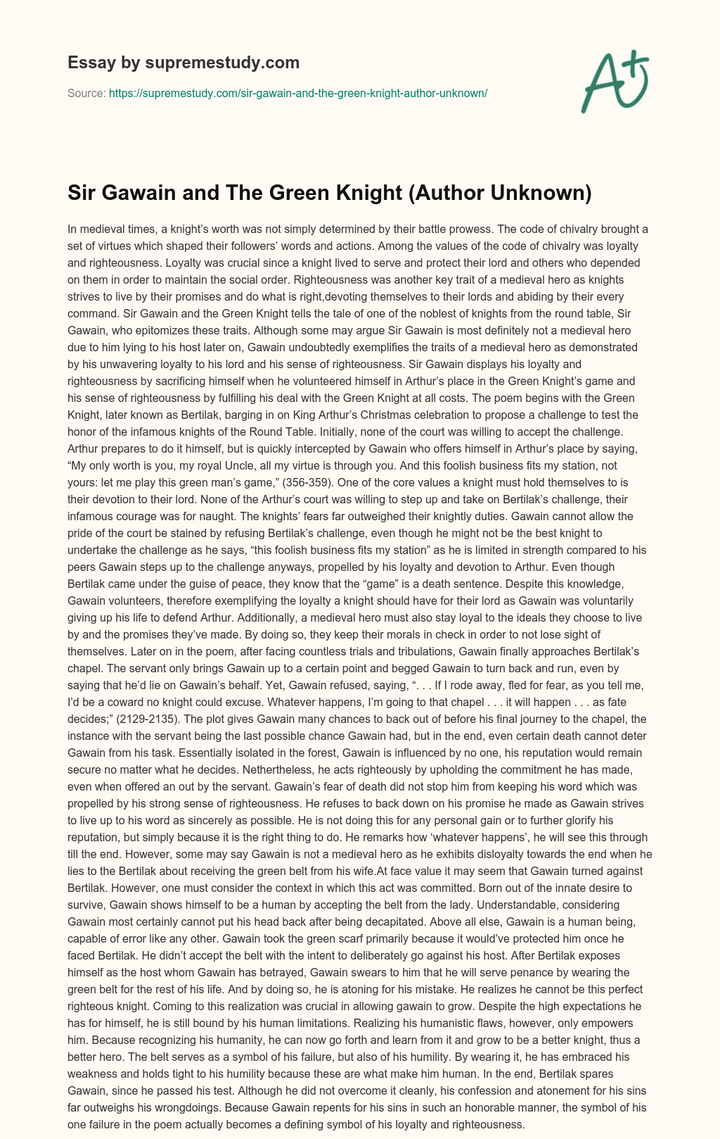Sir Gawain and The Green Knight (Author Unknown) essay
