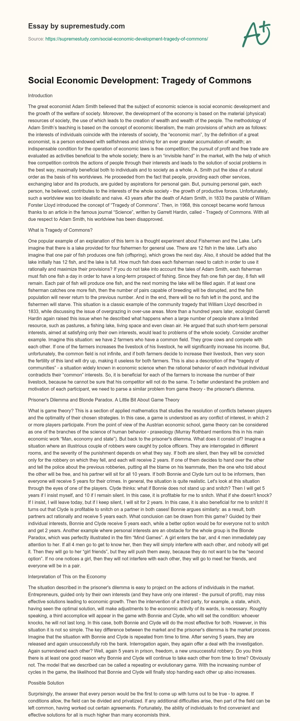 Social Economic Development: Tragedy of Commons essay