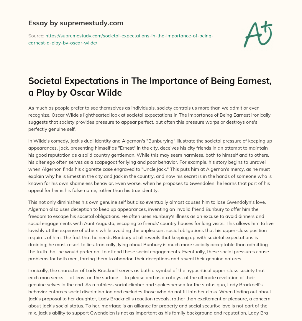 Societal Expectations in The Importance of Being Earnest, a Play by Oscar Wilde essay