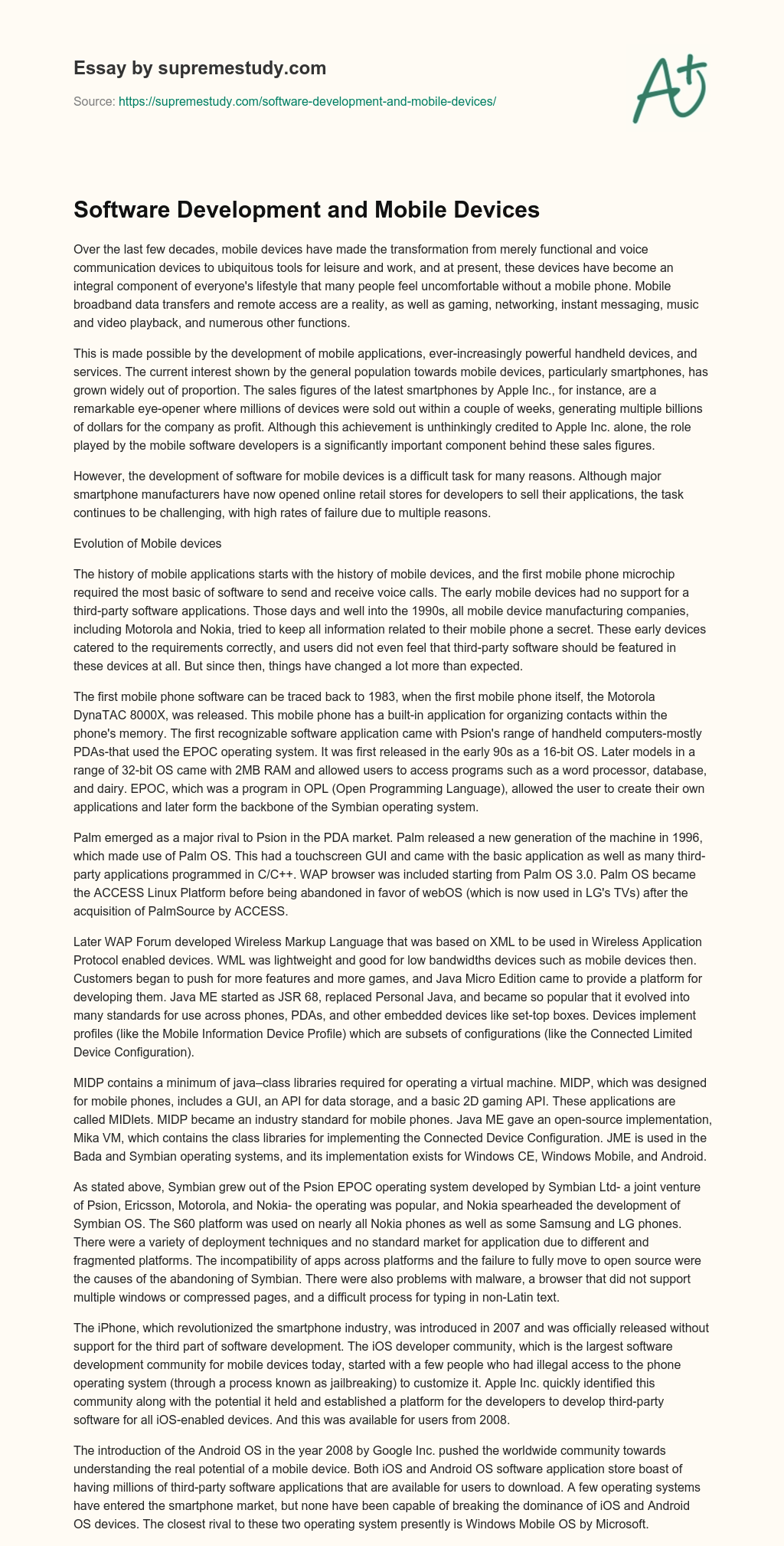 Software Development and Mobile Devices essay
