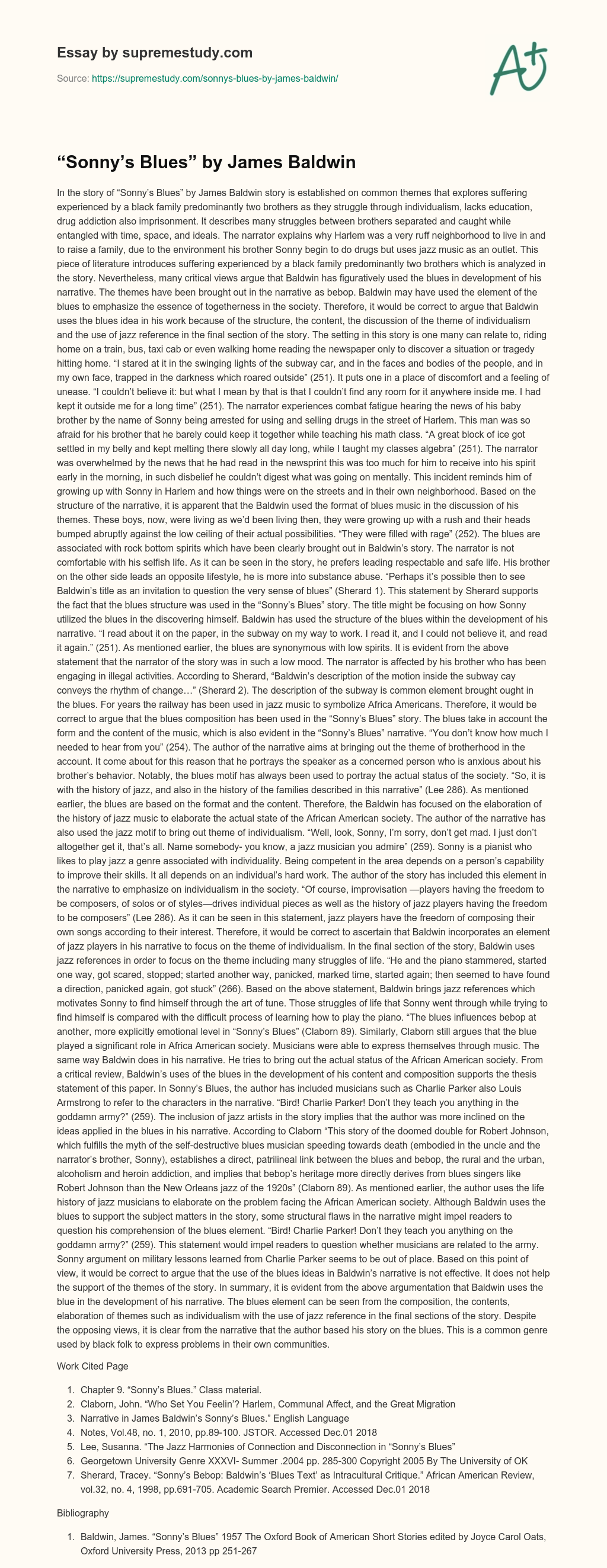 “Sonny’s Blues” by James Baldwin essay