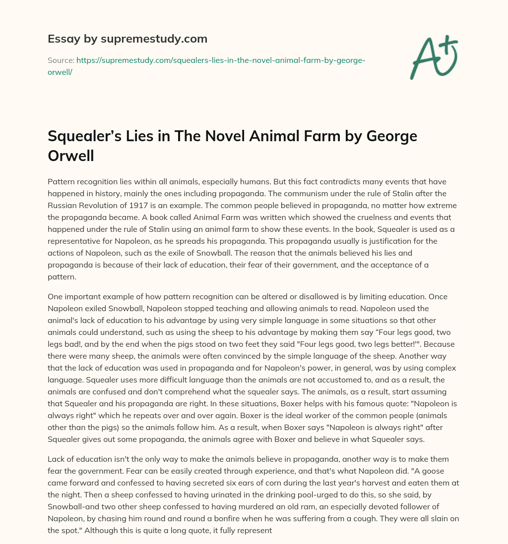 Squealer’s Lies in The Novel Animal Farm by George Orwell essay