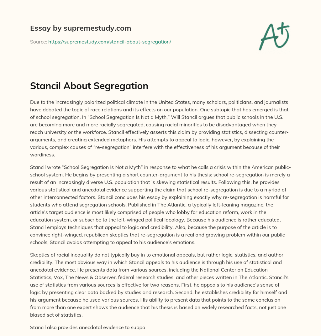 Stancil About Segregation essay