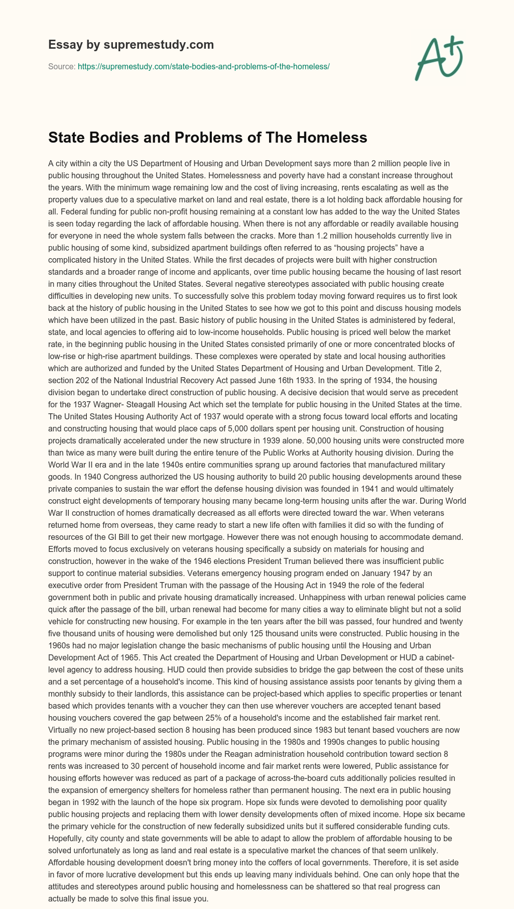 State Bodies and Problems of The Homeless essay