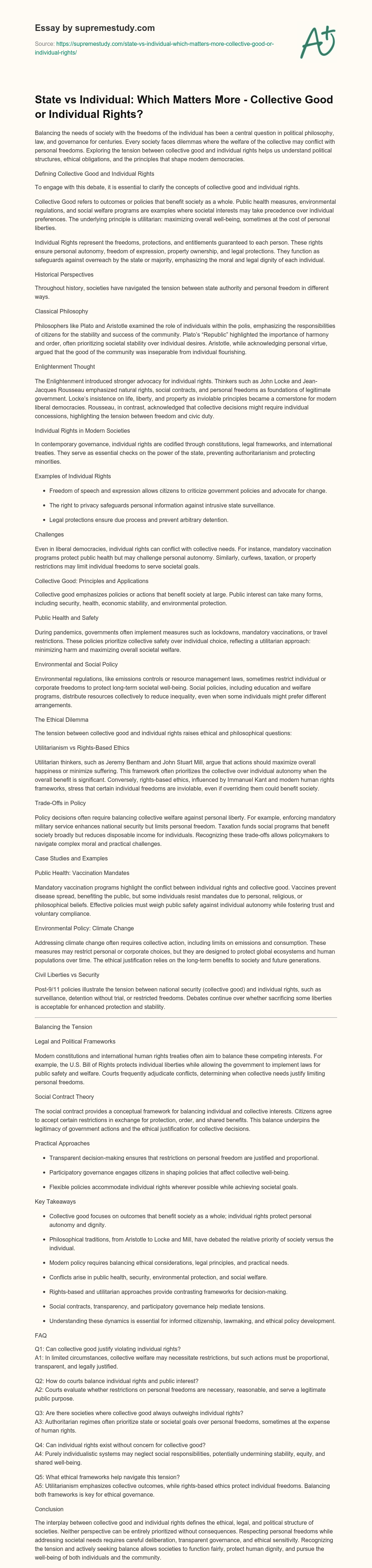 State vs Individual: Which Matters More – Collective Good or Individual Rights? essay