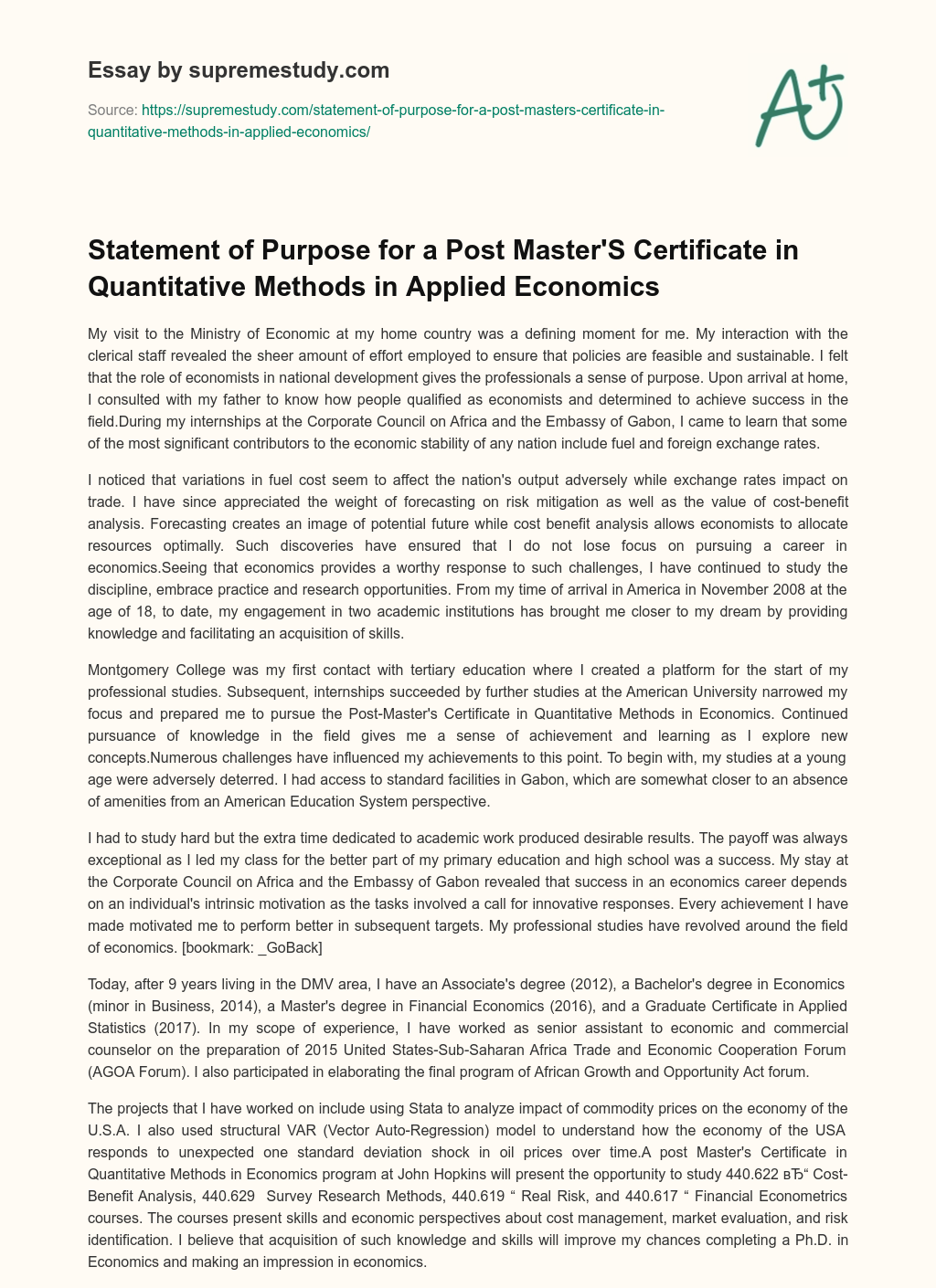 Statement of Purpose for a Post Master’S Certificate in Quantitative Methods in Applied Economics essay