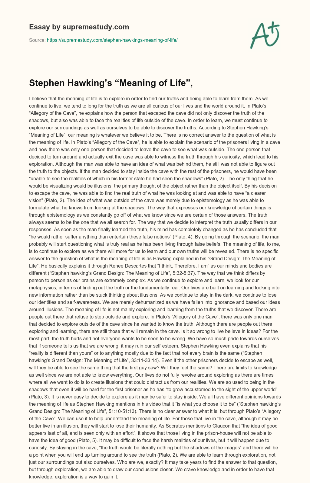 Stephen Hawking’s “Meaning of Life”, essay