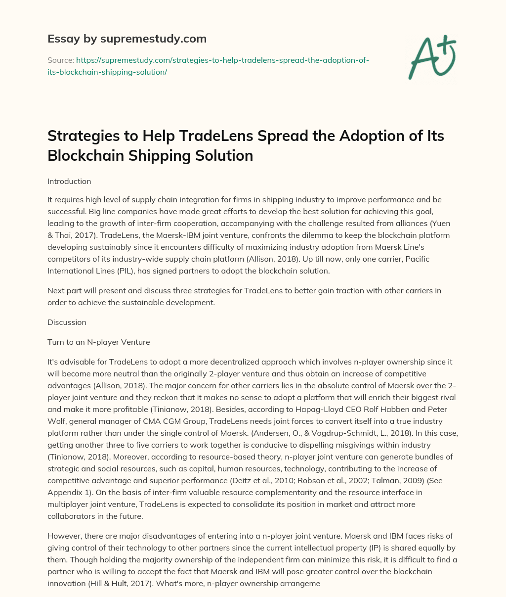 Strategies to Help TradeLens Spread the Adoption of Its Blockchain Shipping Solution essay
