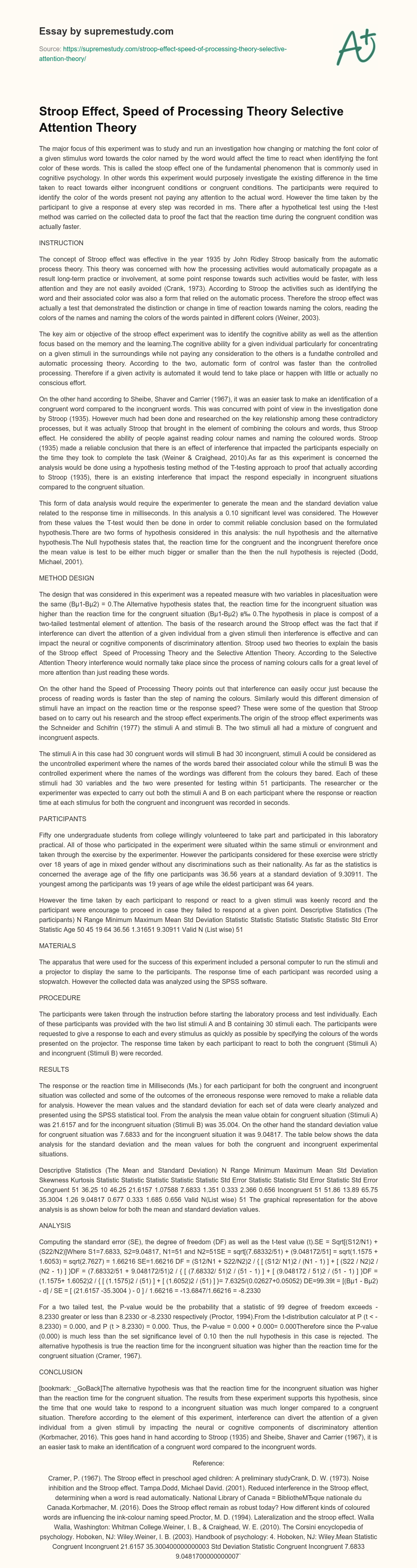 Stroop Effect, Speed of Processing Theory Selective Attention Theory essay