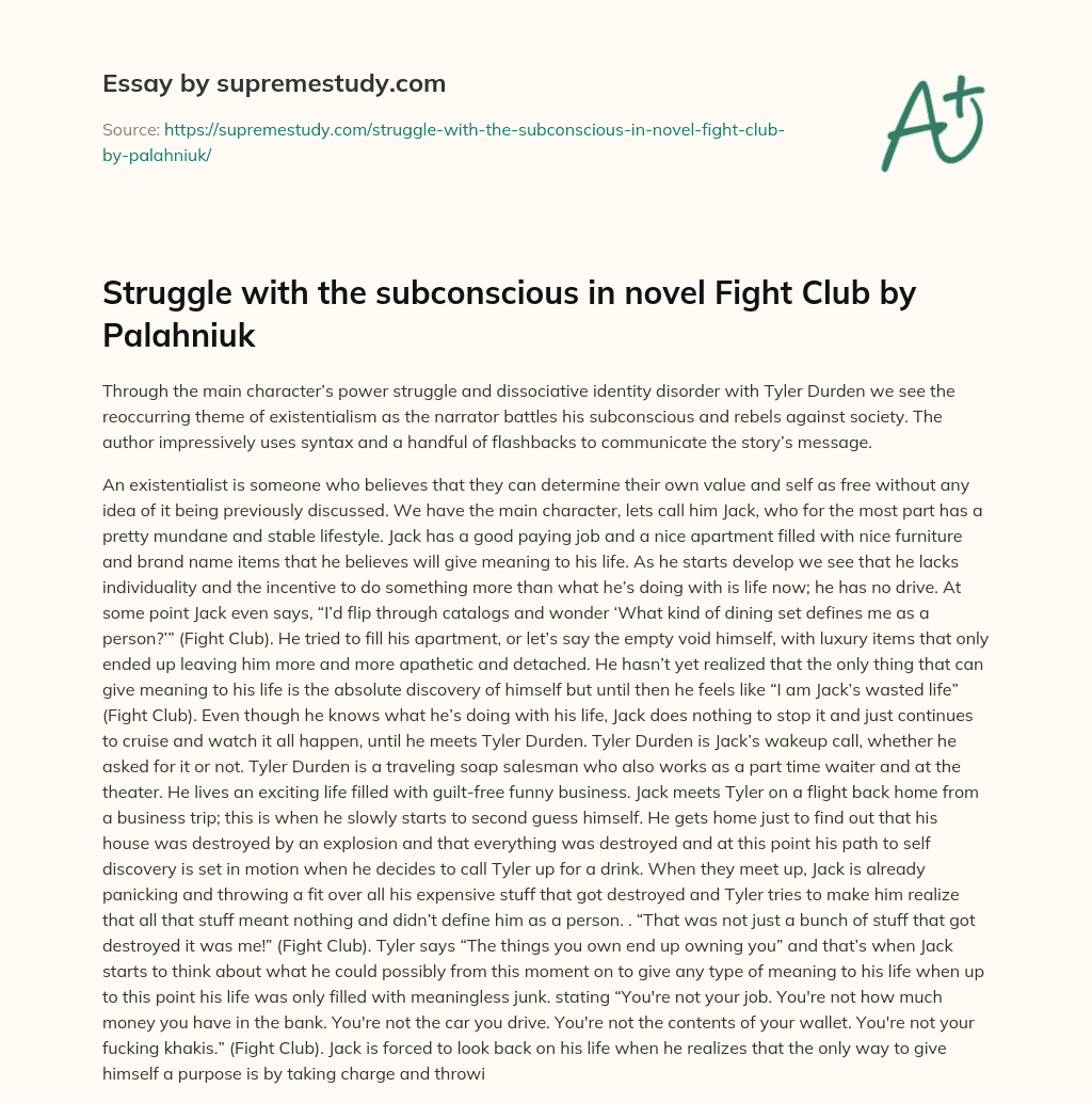 Struggle with the subconscious in novel Fight Club by Palahniuk essay
