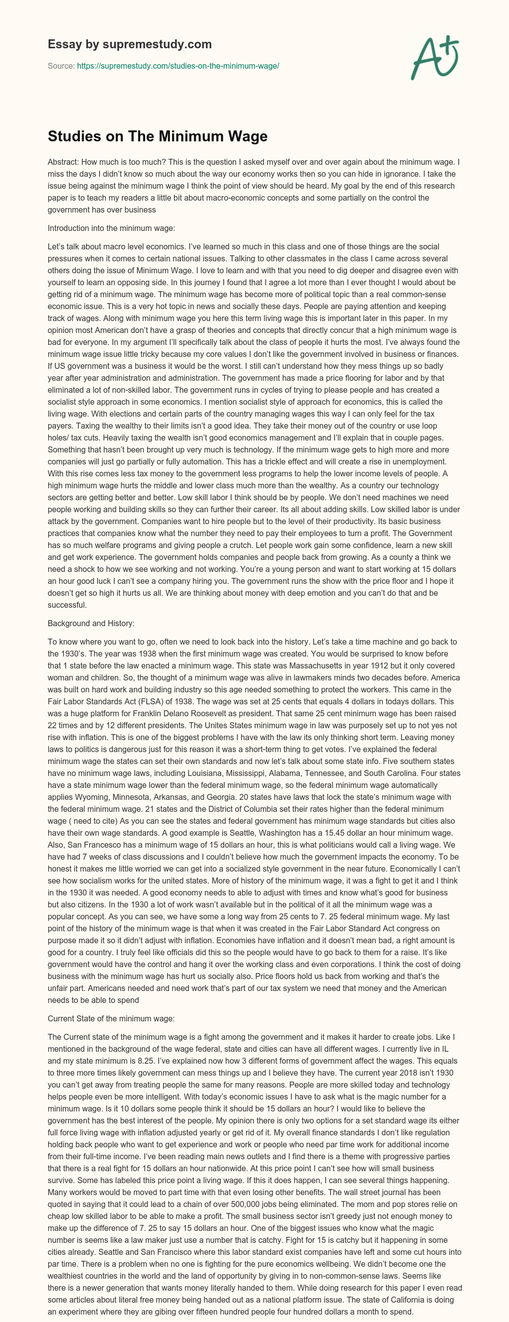 Studies on The Minimum Wage essay