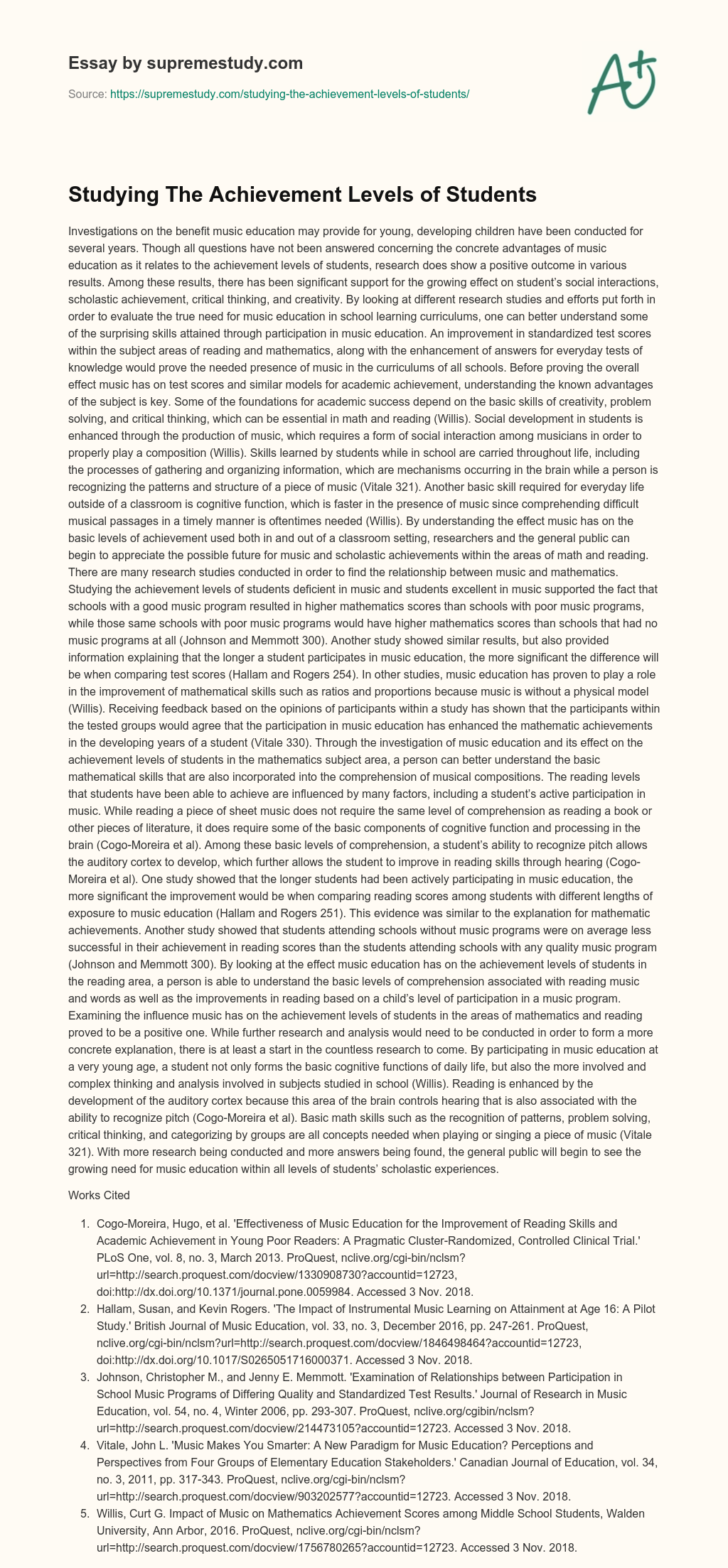 Studying The Achievement Levels of Students essay