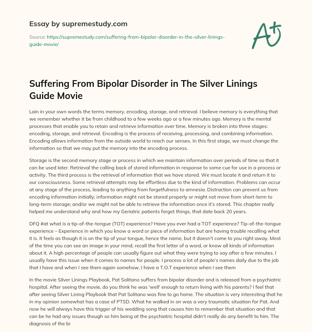 Suffering From Bipolar Disorder in The Silver Linings Guide Movie essay