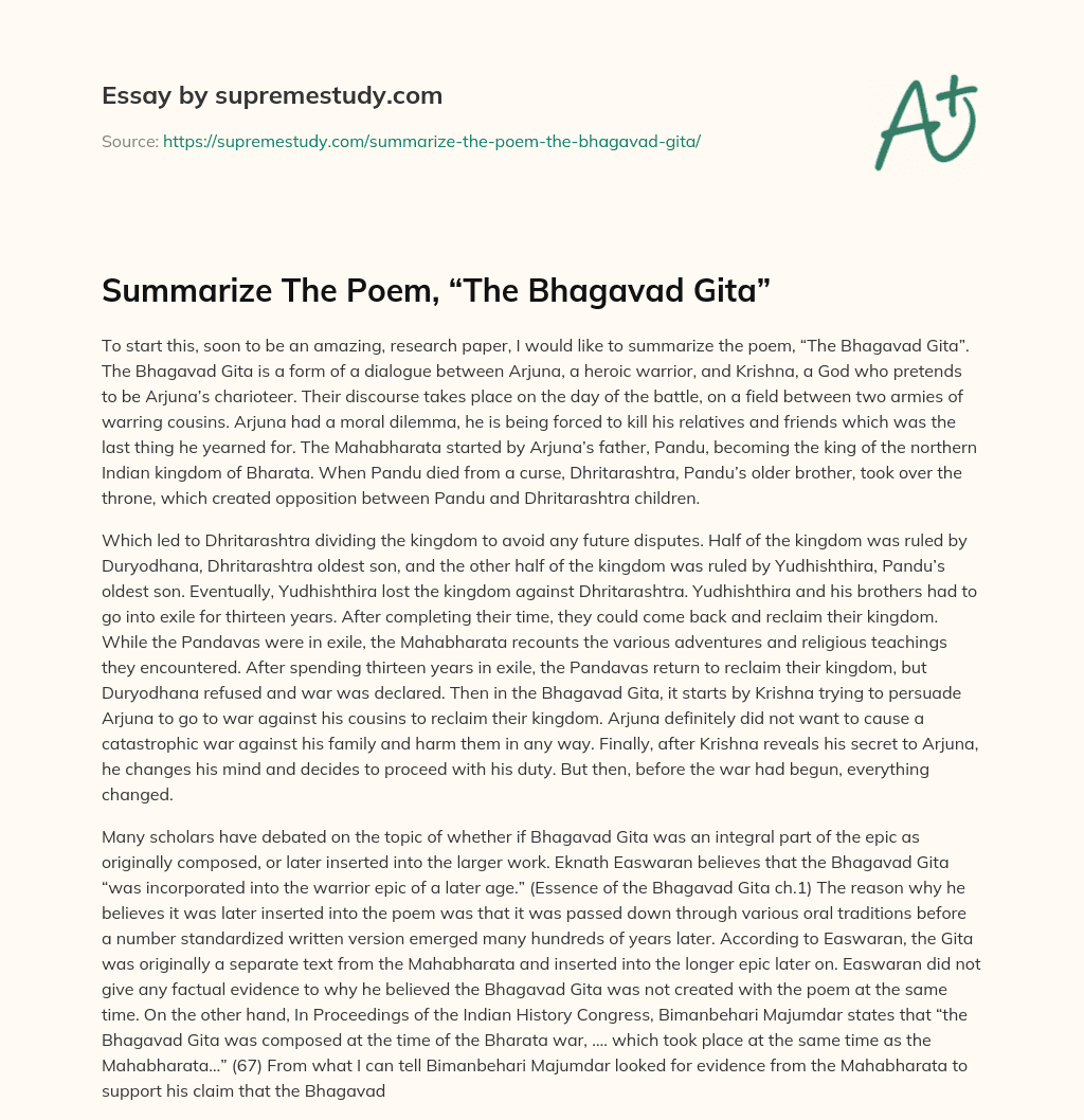 Summarize The Poem, “The Bhagavad Gita” essay