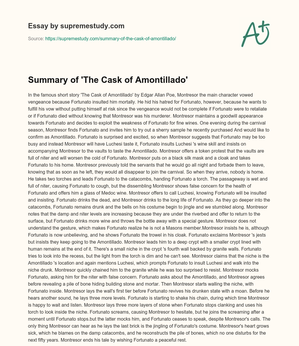 Summary of ‘The Cask of Amontillado’ essay