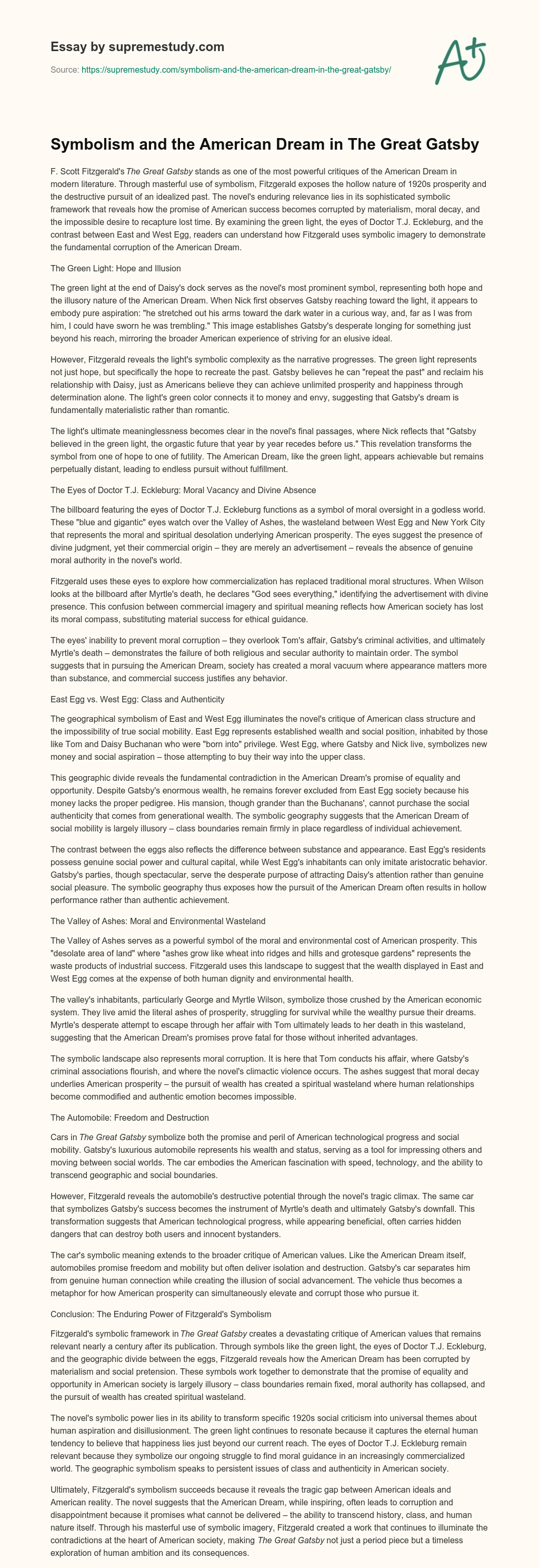 Symbolism and the American Dream in The Great Gatsby essay