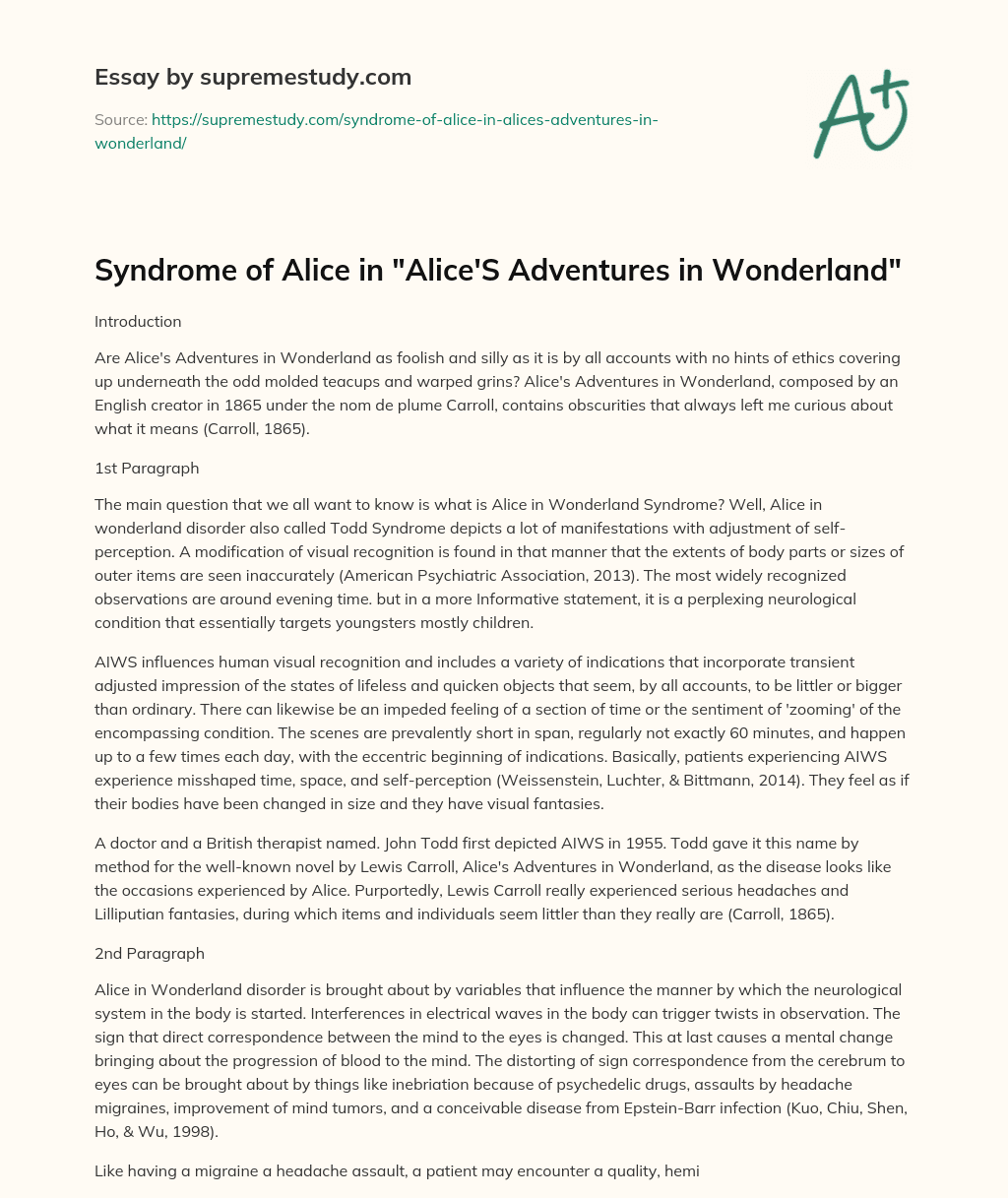 Syndrome of Alice in “Alice’S Adventures in Wonderland” essay