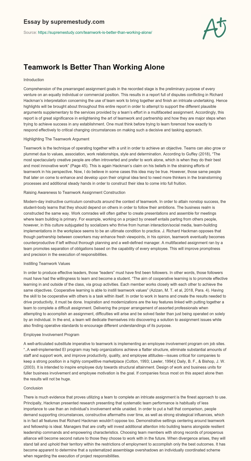 Teamwork Is Better Than Working Alone essay