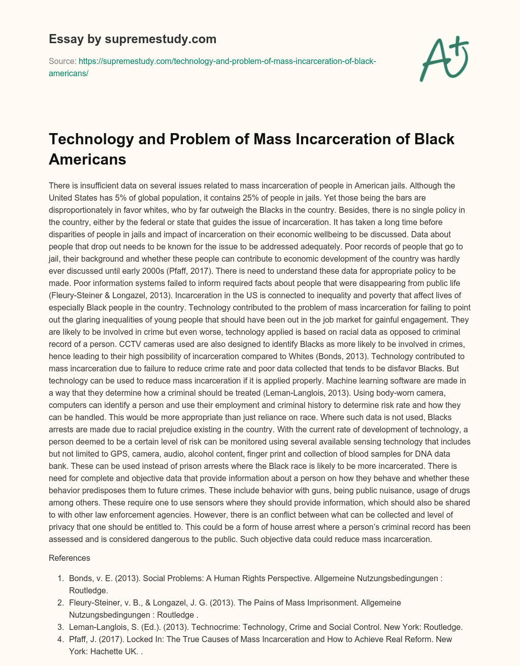 Technology and Problem of Mass Incarceration of Black Americans essay