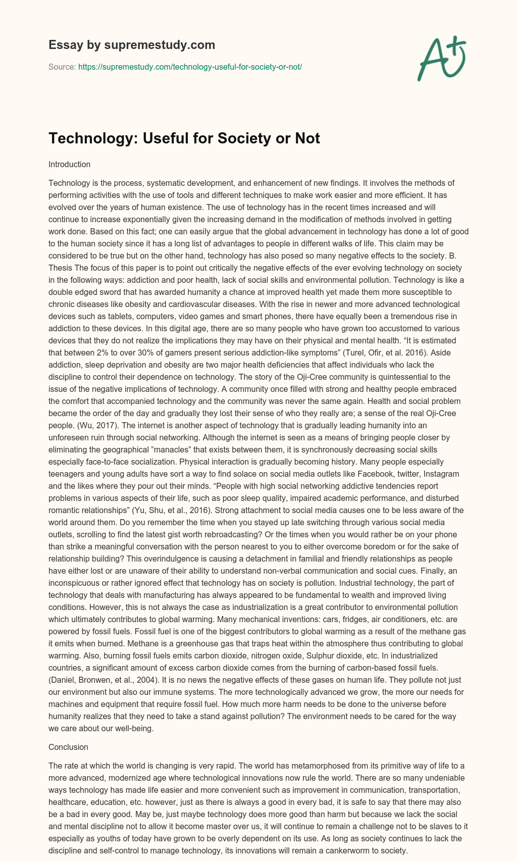 Technology: Useful for Society or Not essay