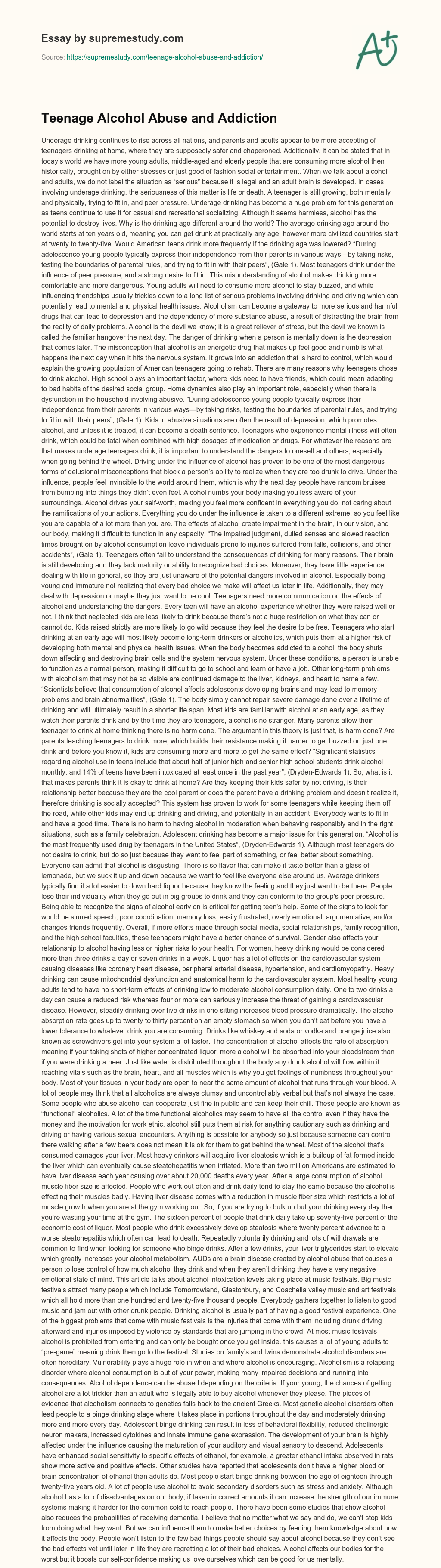 Teenage Alcohol Abuse and Addiction essay