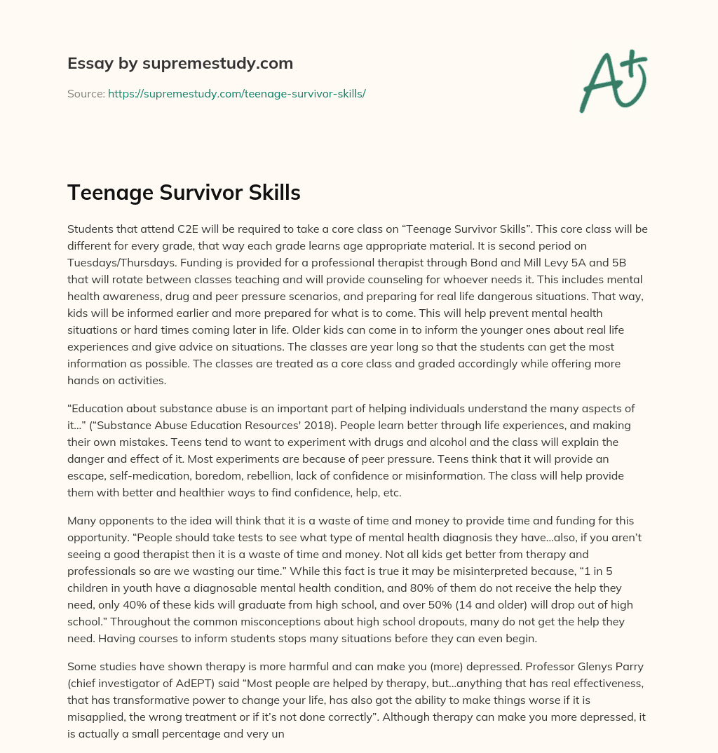 Teenage Survivor Skills essay