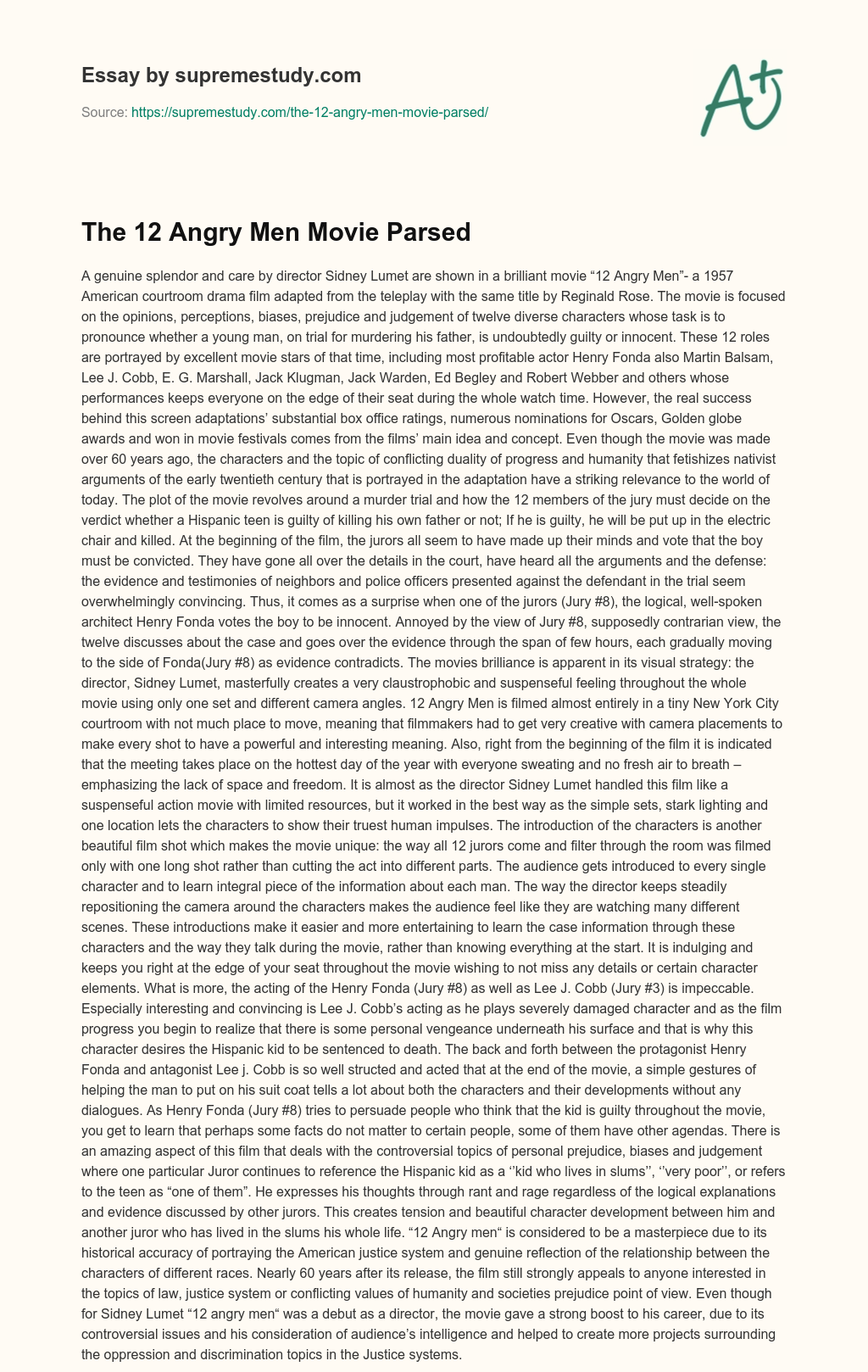 The 12 Angry Men Movie Parsed essay