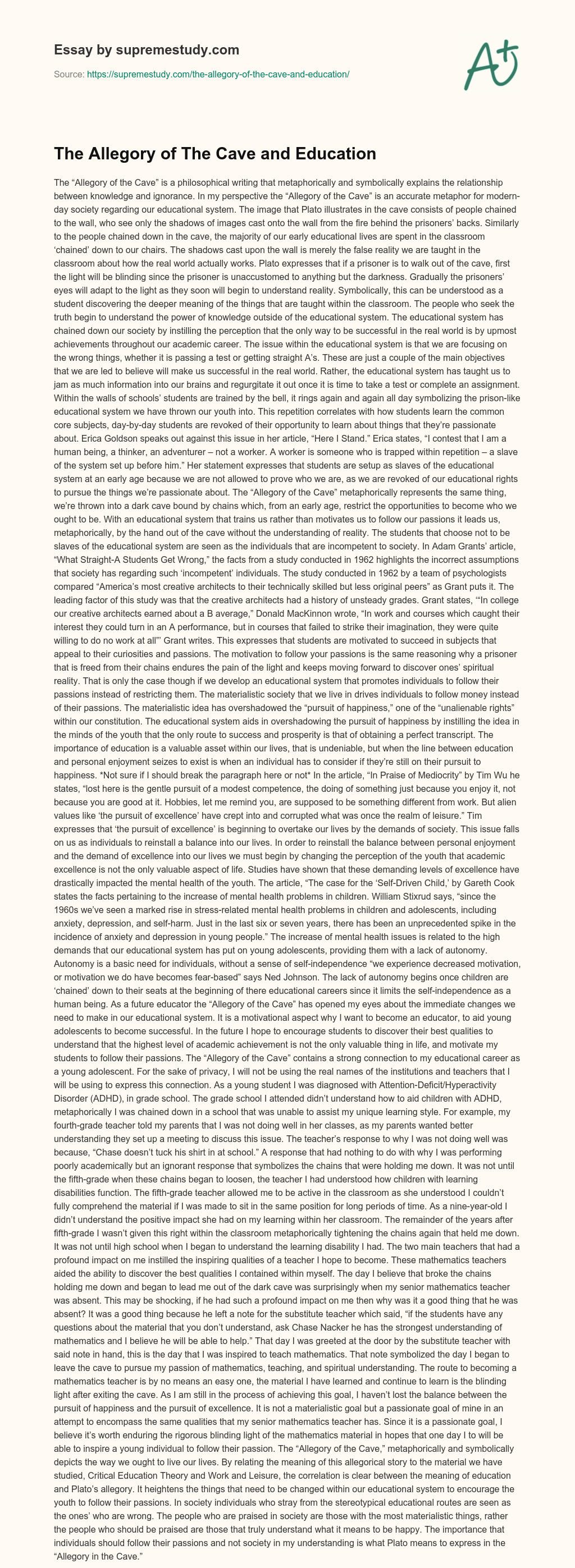 The Allegory of The Cave and Education essay