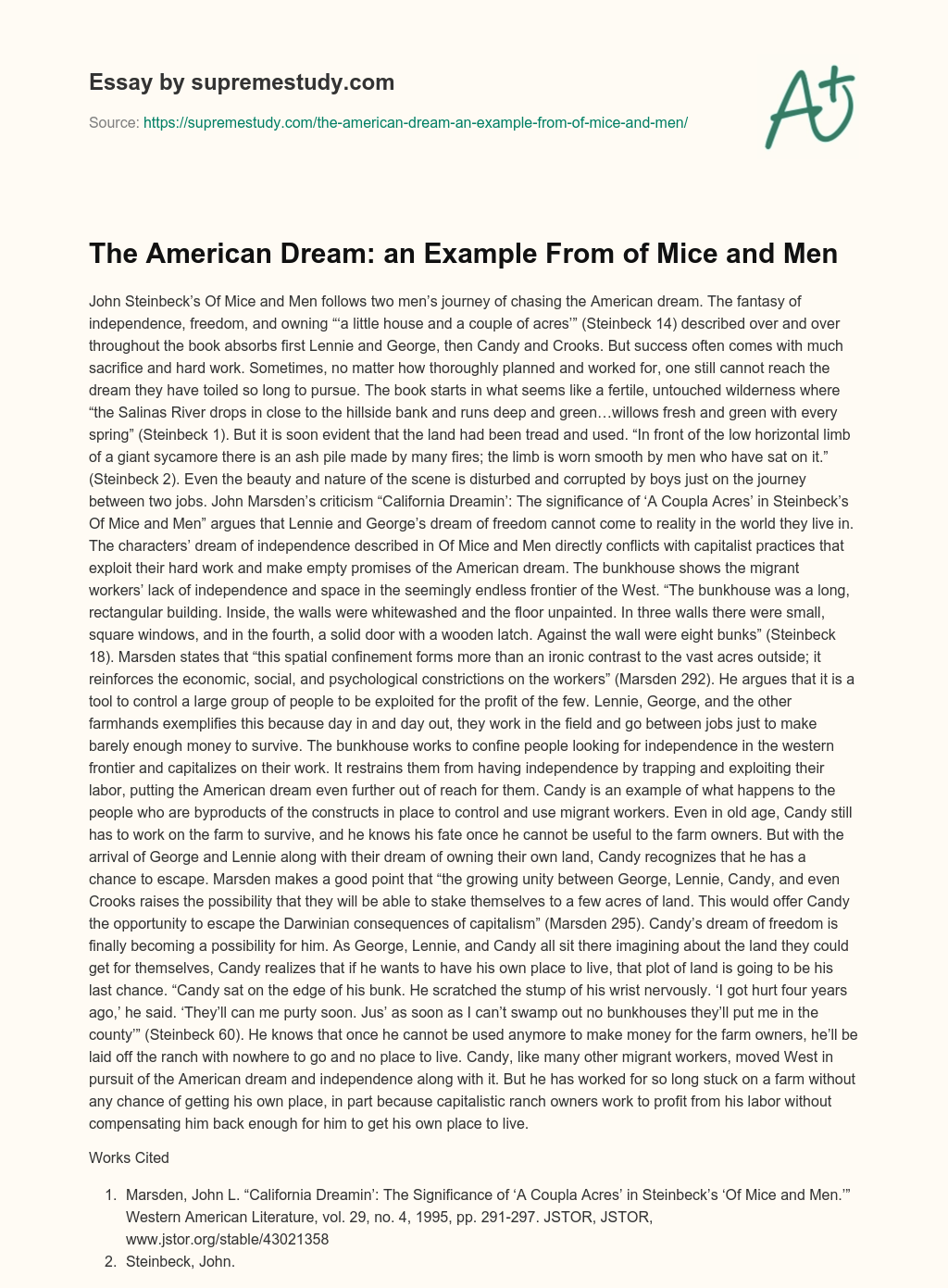 The American Dream: an Example From of Mice and Men essay