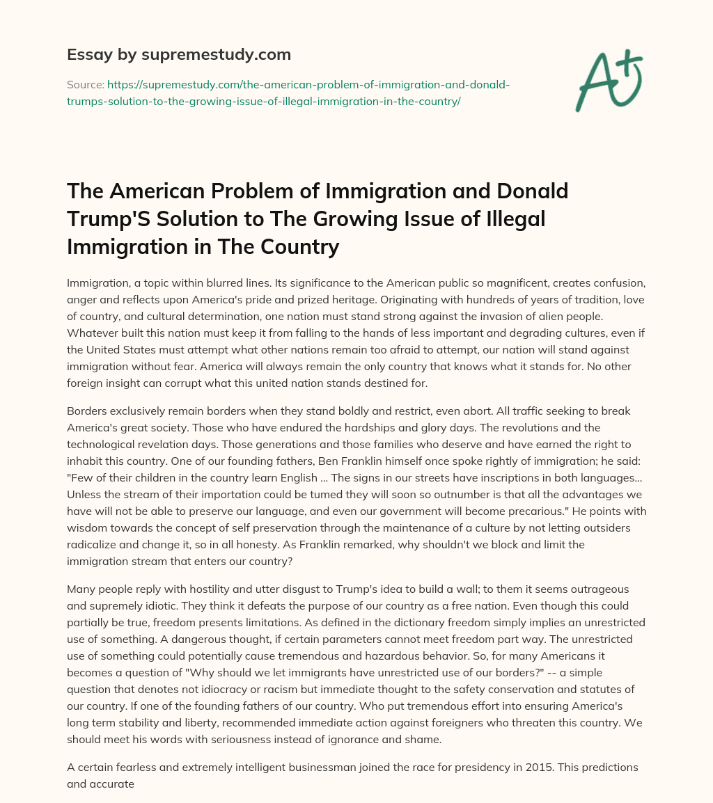 The American Problem of Immigration and Donald Trump’S Solution to The Growing Issue of Illegal Immigration in The Country essay