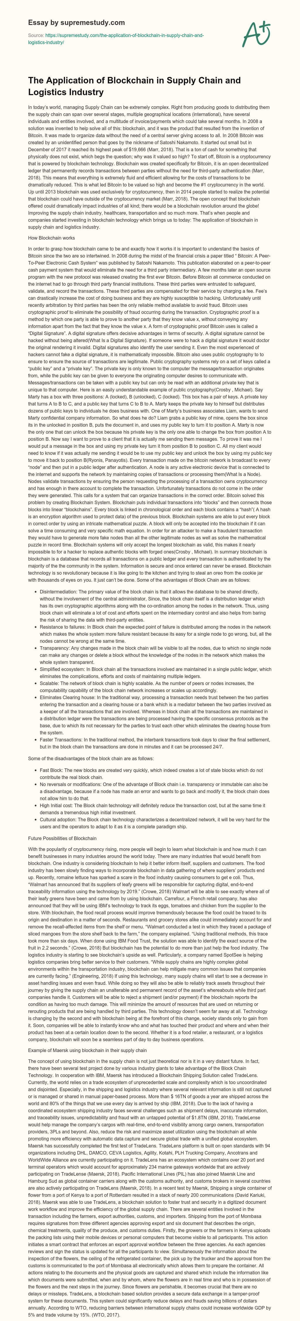 The Application of Blockchain in Supply Chain and Logistics Industry essay
