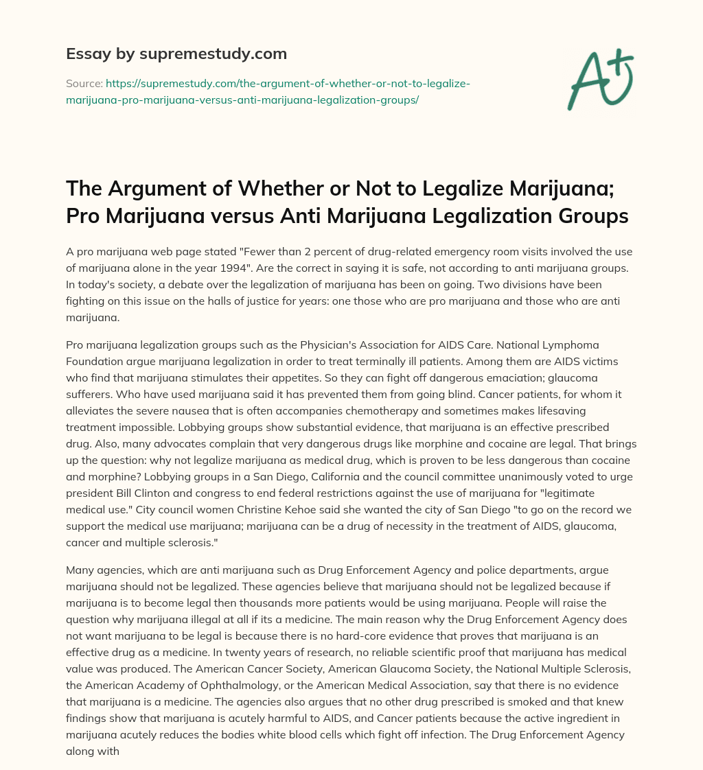 The Argument of Whether or Not to Legalize Marijuana; Pro Marijuana versus Anti Marijuana Legalization Groups essay