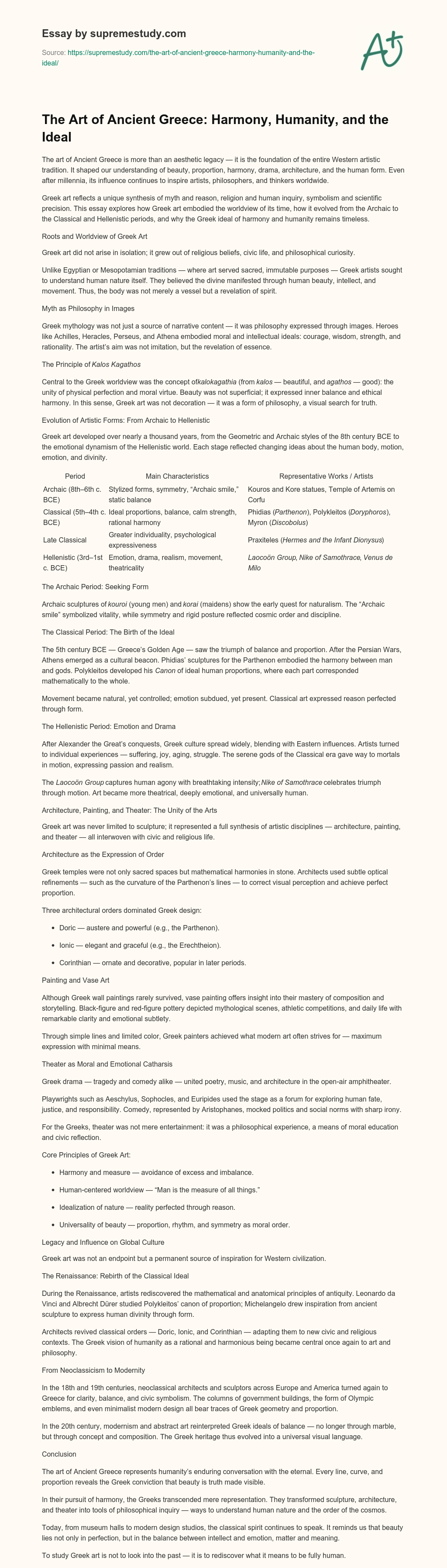 The Art of Ancient Greece: Harmony, Humanity, and the Ideal essay