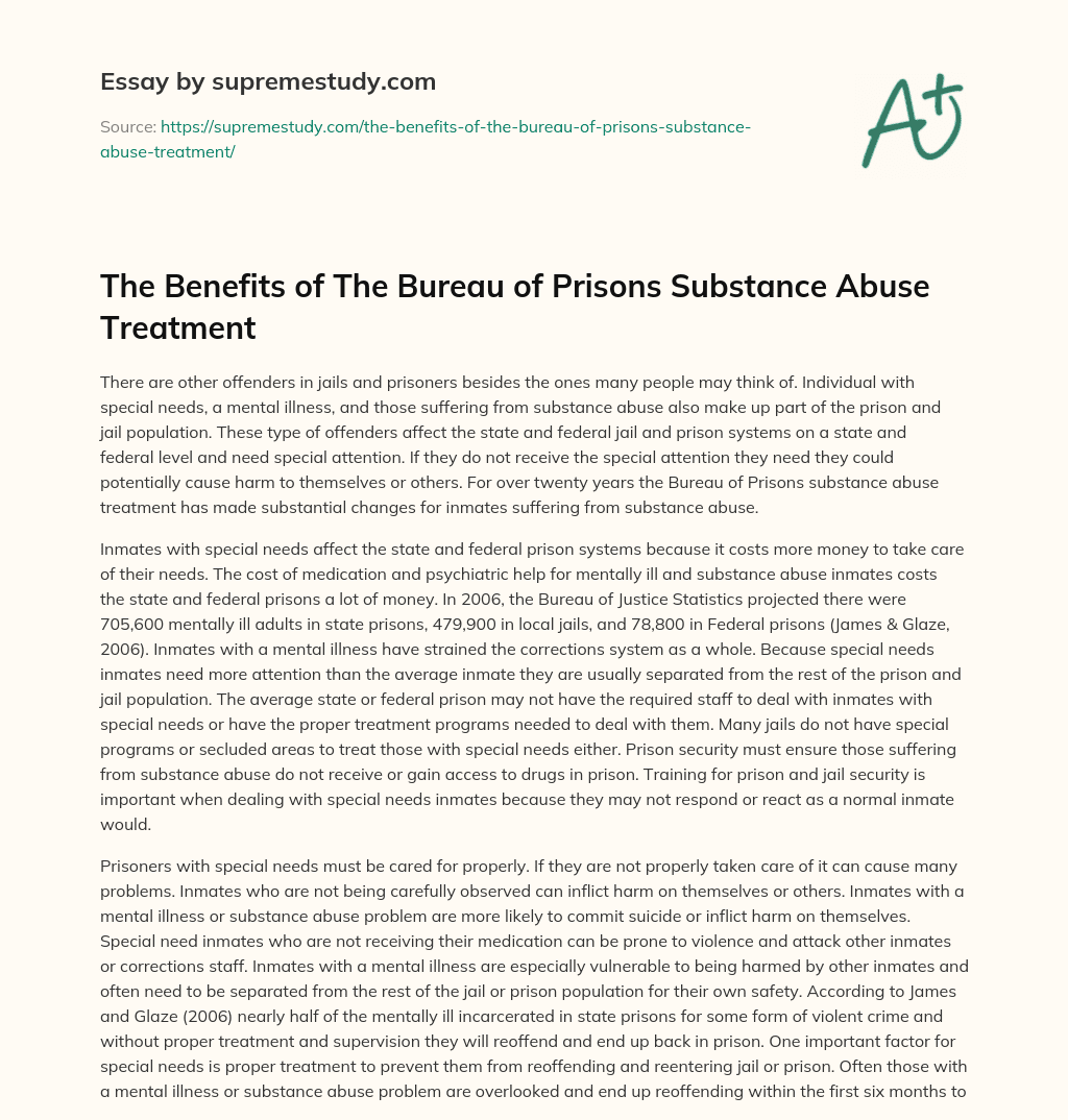 The Benefits of The Bureau of Prisons Substance Abuse Treatment essay