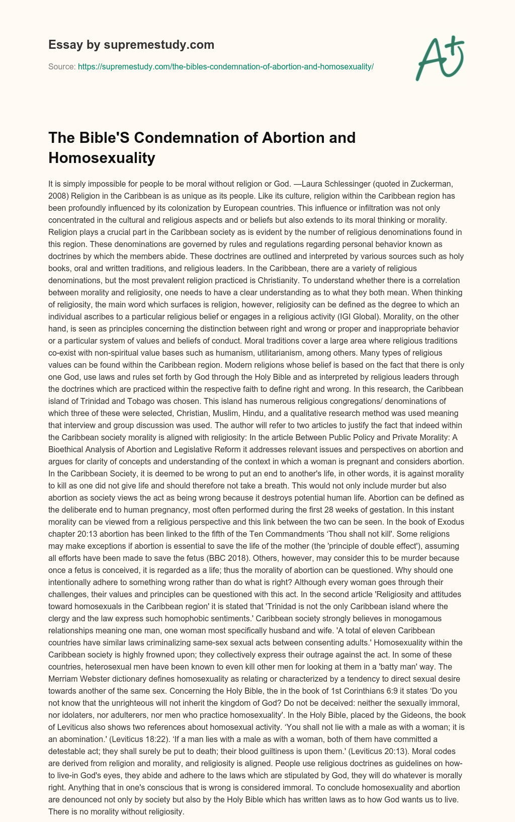 The Bible’S Condemnation of Abortion and Homosexuality essay