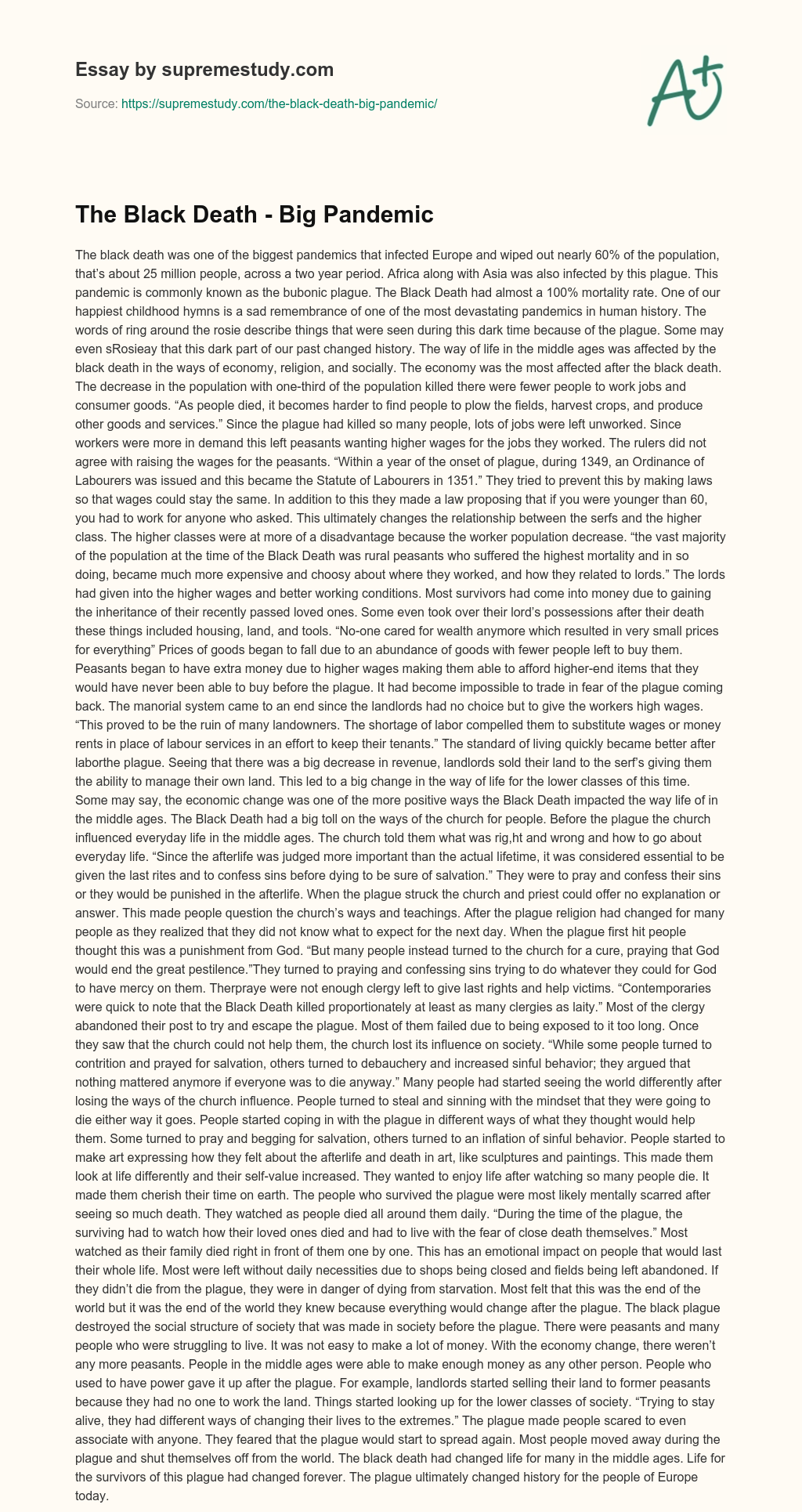 The Black Death – Big Pandemic essay